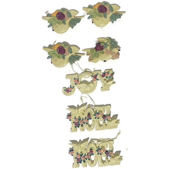 Christmas Tree Ornaments Set of 7 Ceramic Joy Noel and Doves - Picture 2 of 9